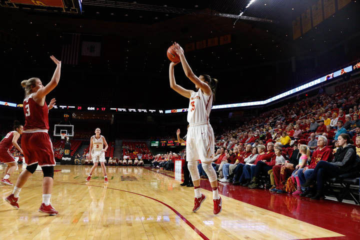 Freshman Adriana Camber shoots a three-pointer during the Cyclones 67-57 loss to Oklahoma on Wednesday night. Camber finished with three points and two rebounds. 