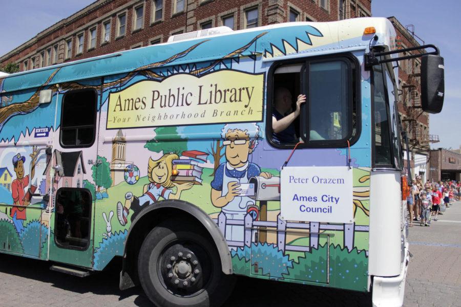The Ames Public Library bookmobile at the Ames 4th of July Parade in 2014.