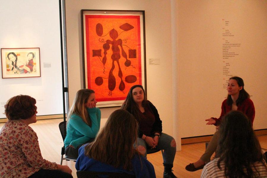 Aspen Pflanz, senior in History, leads a discussion on fake news with students in attendance at the Art+Issues discussion.  Art+Issues was held in the Christian Art Museum from 2-4 p.m. on Monday, Jan. 30.  The discussion consisted of tying in pieces of the new art exhibit with issues of today and was led by Nancy Gebahrt, Educator of Visual Literacy and Learning within the museum, and Pflanz.   