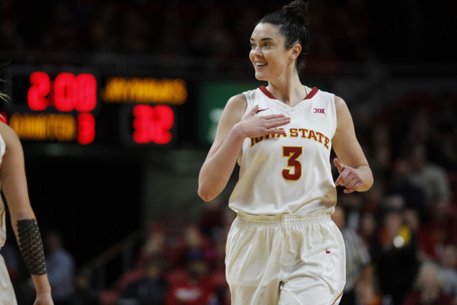 Iowa+State+junior+Emily+Durr+smiles+after+assisting+her+teammate+for+an+easy+basket+against+Kansas.