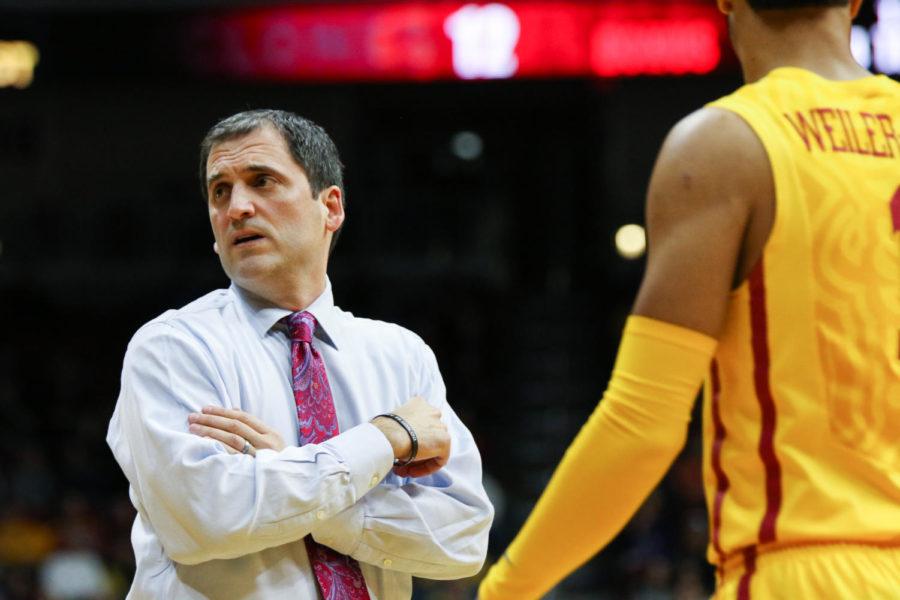 Head basketball coach Steve Prohm talks to his players during their game against Drake Dec. 17. 