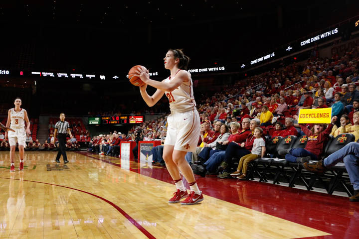 Sophomore Bridget Carleton shoots a three-pointer during the first half of the Cyclones 67-57 loss to Oklahoma. 