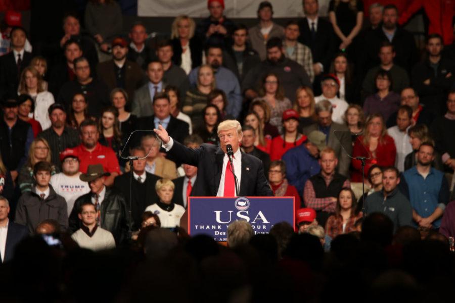 President-elect Donald Trump speaks to the crowd gathered during his thank you tour stop on Dec. 8 in Des Moines. Trump spoke about his deals with companies to keep their jobs in the United States, the states that propelled him to victory, and appointing Iowa Gov.Terry Bransstad as ambassador to China.