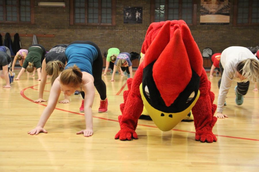 CY performs a downward dog with participants at the Insanity LIVE! Launch Party at East State Gym on Jan. 12.