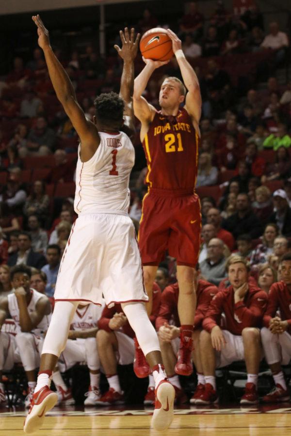 Matt Thomas shoots a 3 point bucket against Oklahoma at the Lloyd Noble Center in Norman, Oklahoma, on Jan. 21, 2017. Iowa State beat the Sooners 92-87 in double overtime.