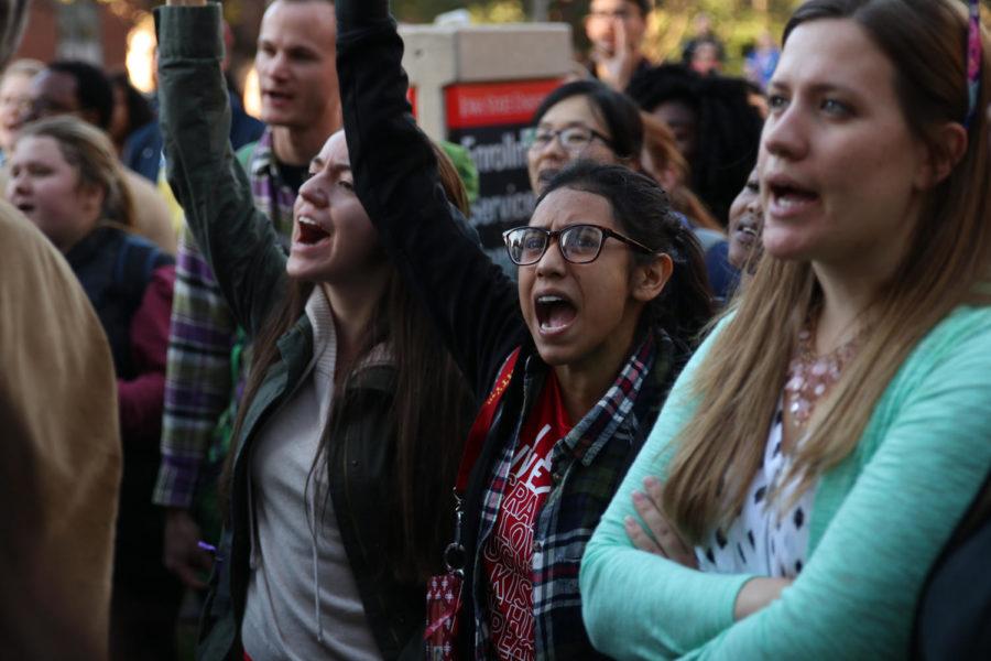 Students met for a march from the Agora to the Student Services Center on Nov. 16 to protest against President-elect Donald Trumps immigration and deportation policies. The crowd led chants of people united, we will never be divided.