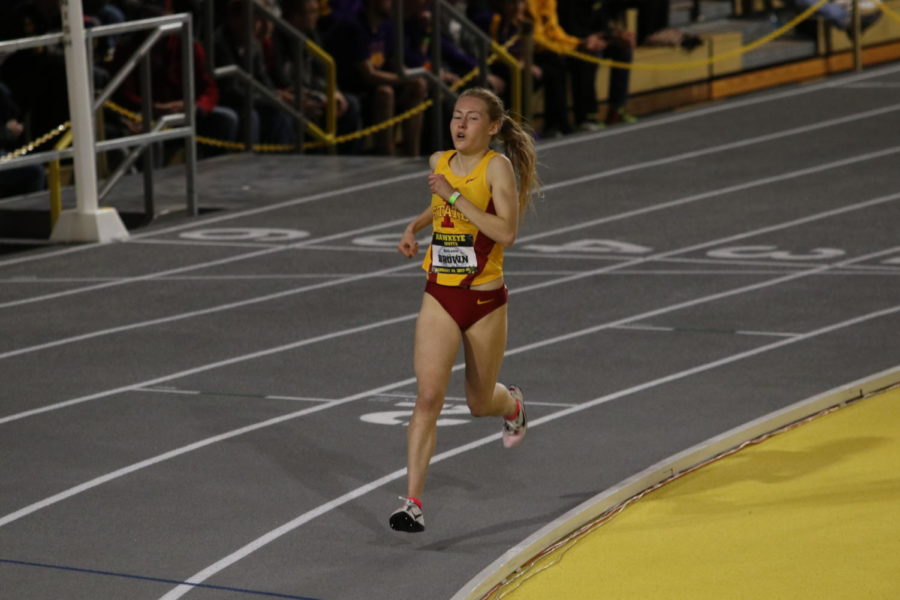 Iowa State distance runner Bethanie Brown finishes first in the 3,000-meter run at the Hawkeye Invite on Jan. 14, 2017, in Iowa City. 