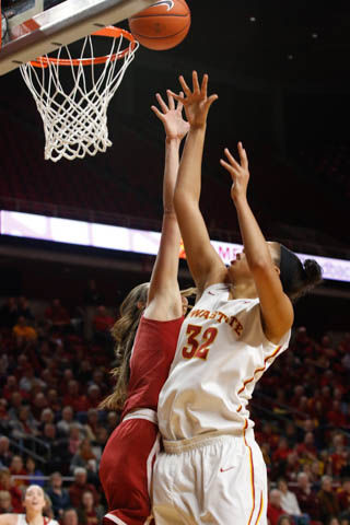 Sophomore Meredith Burkhall goes up for a layup in the Cyclones 67-57 loss against Oklahoma. Burkhall finished with a double-double after recording 11 points and 11 rebounds. 