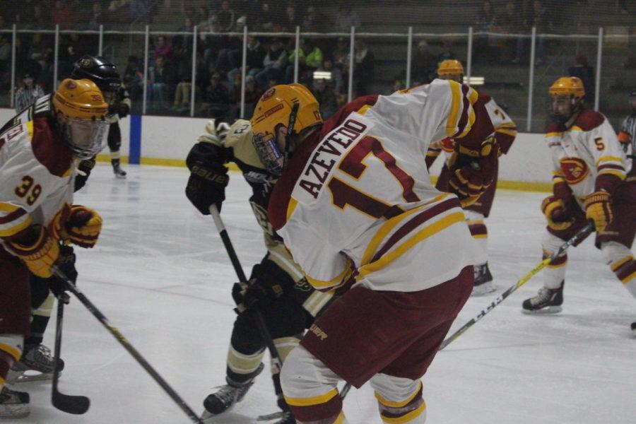 Aaron Azevedo scores three goals against Colorado University on Friday night bringing the score to be 8-6 Cyclones.