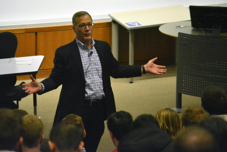 Stan Askren, chairman, president and CEO of HNI Corporation shares his business advice with students on Jan. 31 at the Gerdin Business Building.