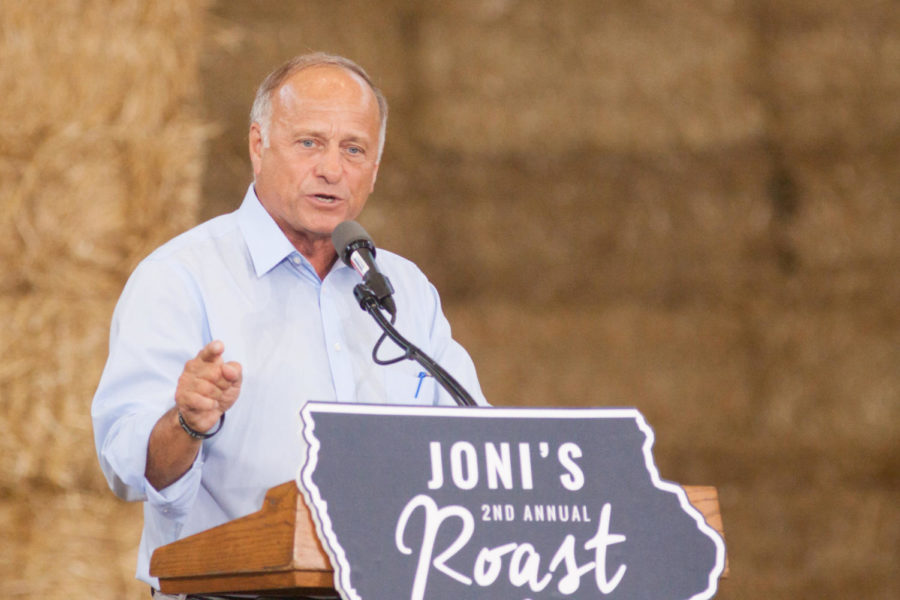 Representative Steve King speaks to a crowd at the second annual Roast and Ride at the Iowa State Fairgrounds. King spoke about national security, saying We need to build that wall.