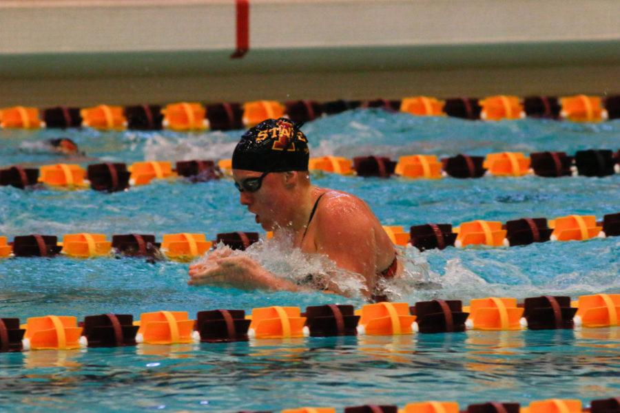 Junior Kasey Roberts competes in the 100 Yard Butterfly during the Cyclones 153-147 win over West Virginia. 