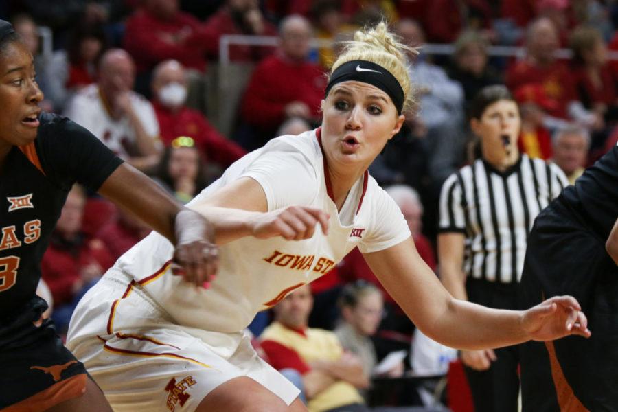 Iowa+State+forward+Heather+Bowe+defends+the+hoop+during+their+game+against+Texas+Jan.+1.+The+Longhorns+would+go+on+to+defeat+the+Cyclones+75-68.