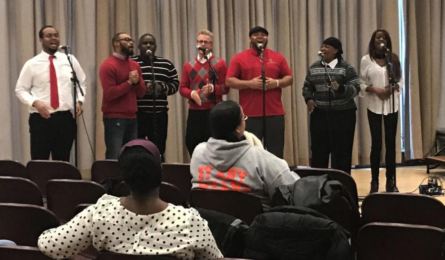 The Black Campus Ministries Choir sings at the Martin Luther King Convocation. The Convocation took place in the Sun Room of Memorial Union Jan. 19.
