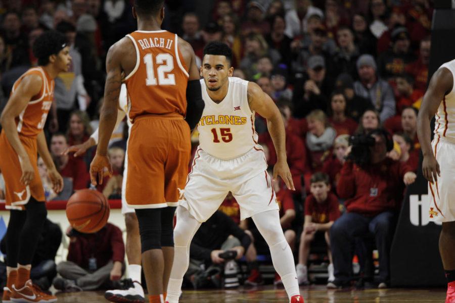 Iowa State guard Naz Mitrou-Long focuses in on defense after hitting a 3 point shot during the first half against Texas.