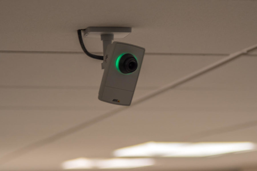 A+security+camera+keeps+watch+over+the+second+floor+of+Carver+Hall+on+Jan.+12.