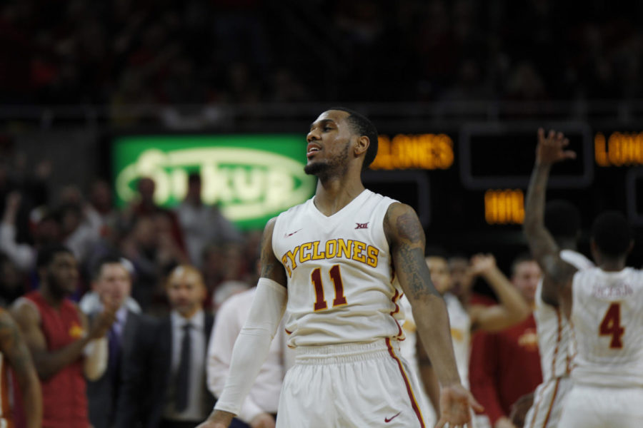 Iowa State senior Monte Morris tries to pump up the crowd during the second half against Texas. The Cyclones would go on to win, 79-70.