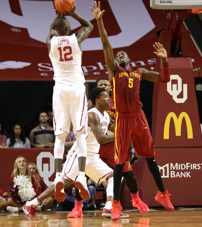Merrill Holden contests a shot from Oklahomas Khadeem Lattin at the Lloyd Noble Center in Norman, Oklahoma, on Jan. 21, 2017. Iowa State beat the Sooners 92-87 in double overtime.