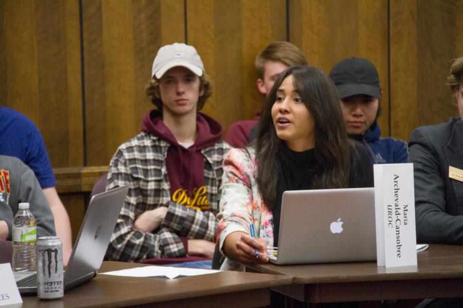UROC senator Maria Archevald-Cansobre answers questions from a student during a Student Government meeting Feb. 15, 2017 in the Memorial Union. 