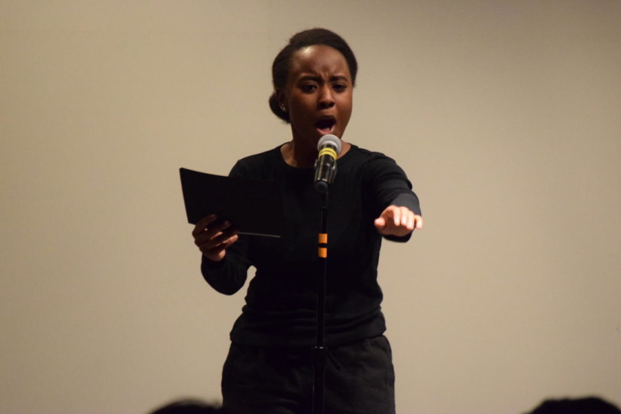 Tiara Turner shows emotion during the Because He Liked to Look At It, during Thursday nights The Vagina Monologues performance. The Vagina Monologues is a benefit production of Eve Enslers, presented by V-Day Iowa State University 2017.