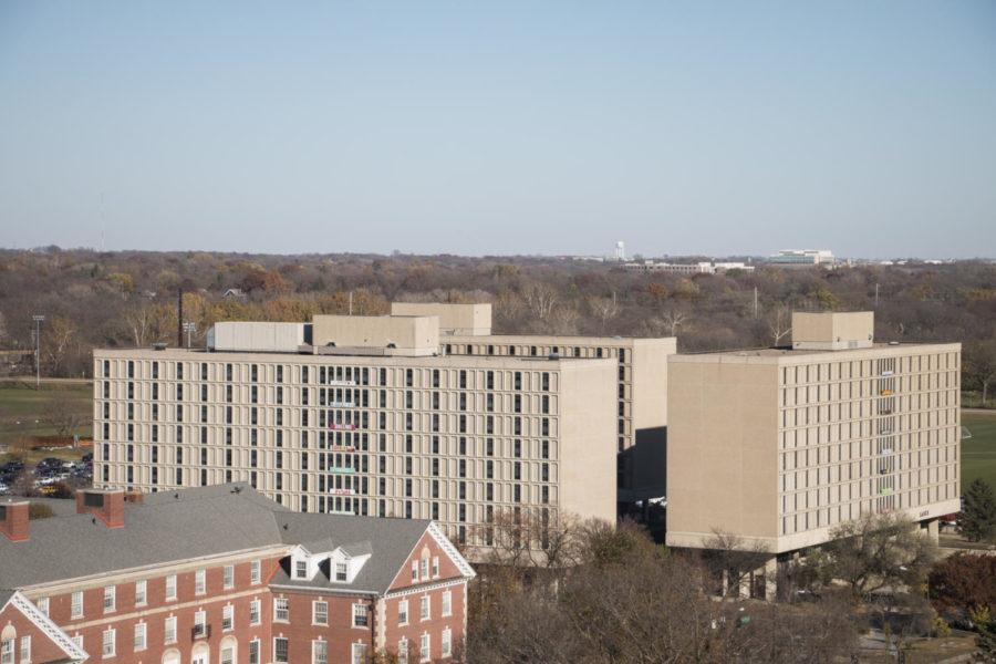 The view of Maple, Willow and Larch Hall from Geoffroy Hall. Geoffroy Hall is Iowa States newest residence hall and is located on Lincoln Way. 