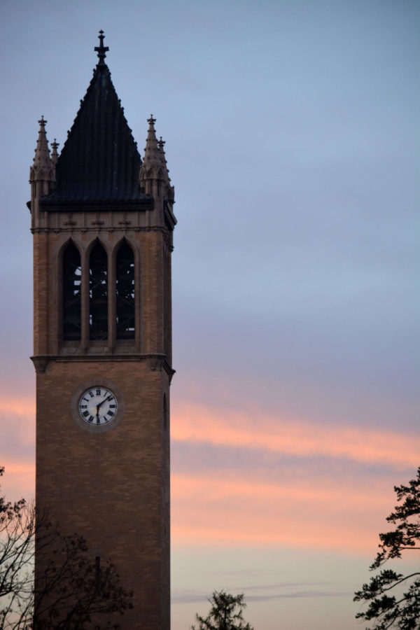 The sunset creates colorful streaks behind the Campanile on the night of Nov. 2.