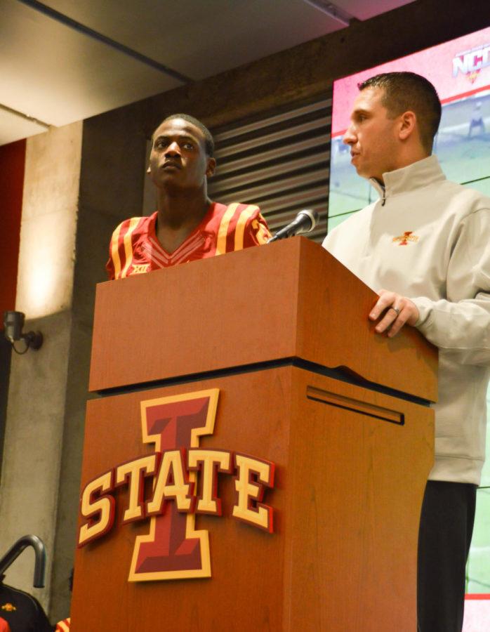 Head football coach Matt Campbell introduces incoming junior wide receiver Matthew Eaton at the Cyning Day Celebration at Sukup End Zone Club on Feb. 1. 