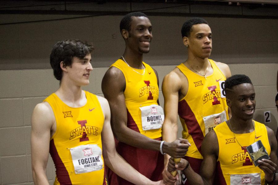 Cyclone mens 4x400 team made up of Eric Fogltanz, Ben Kelly, Roshon Roomes and Jaymes Dennison celebrating their result. The four took fourth place in the Big 12 Championships at Lied Recreational Center on February 25.