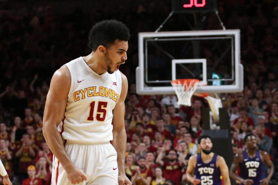 Iowa State senior Nazareth Mitrou-Long celebrates a three-pointer during the game against TCU Feb. 18, 2017 at Hilton Coliseum.