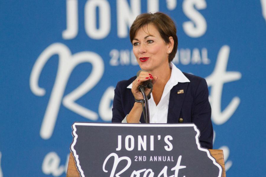 Lt. Gov of Iowa Kim Reynolds talks to a crowd as part of the second annual Roast and Ride at the Iowa State Fairgrounds. Reynolds spoke about senator Joni Ernsts history in Iowa, and her success in Washington as a senator. 
