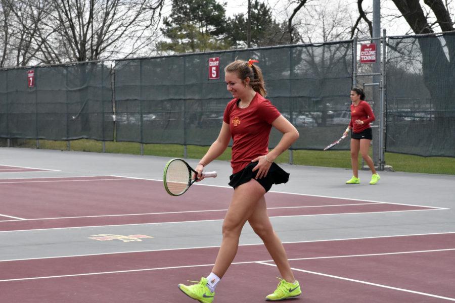 Iowa State senior Samantha Budai smiles at her singles match against Kansas on April 10 at the Forker Tennis Courts. ISU lost 4-2.