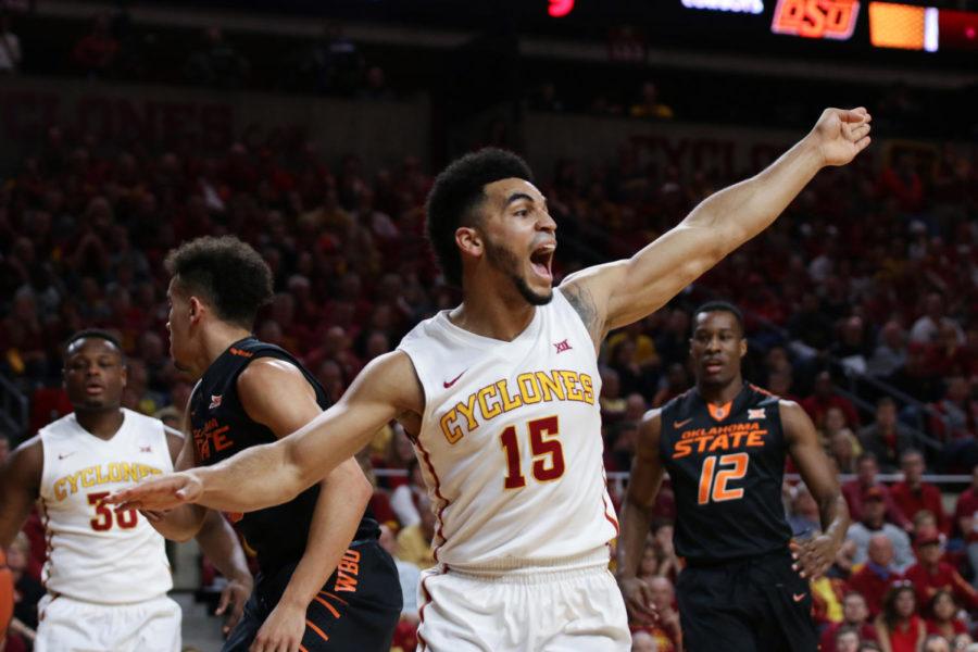 Iowa State senior Nazareth Mitrou-Long calls an out-of-bounds during the Cyclones' senior night and final home game against Oklahoma State Feb. 28 at Hilton Coliseum. 