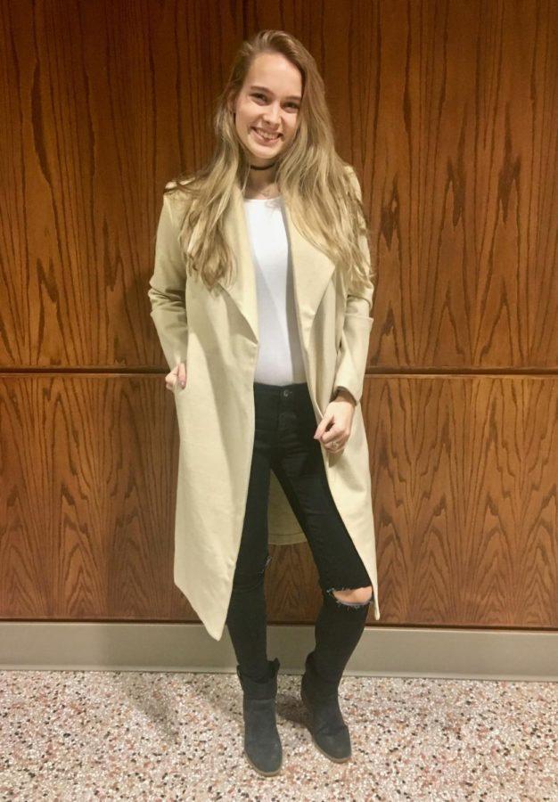 Savanna Sylvis, sophomore in apparel, merchandising and design, sports a sophisticated, stylish nude trench coat.