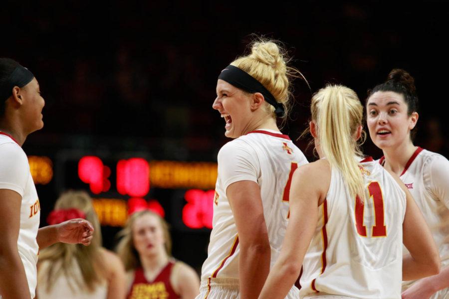 Heather Bowe shares a laugh with teammates during Iowa State's 79-68 win over Texas Tech on Wednesday night. The win moved the Cyclones to 14-11 (5-9 Big 12).