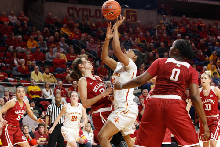 Senior Seanna Johnson goes for a layup during the Cyclones 67-57 loss to Oklahoma. Johnson finished with 14 points and nine rebounds. 