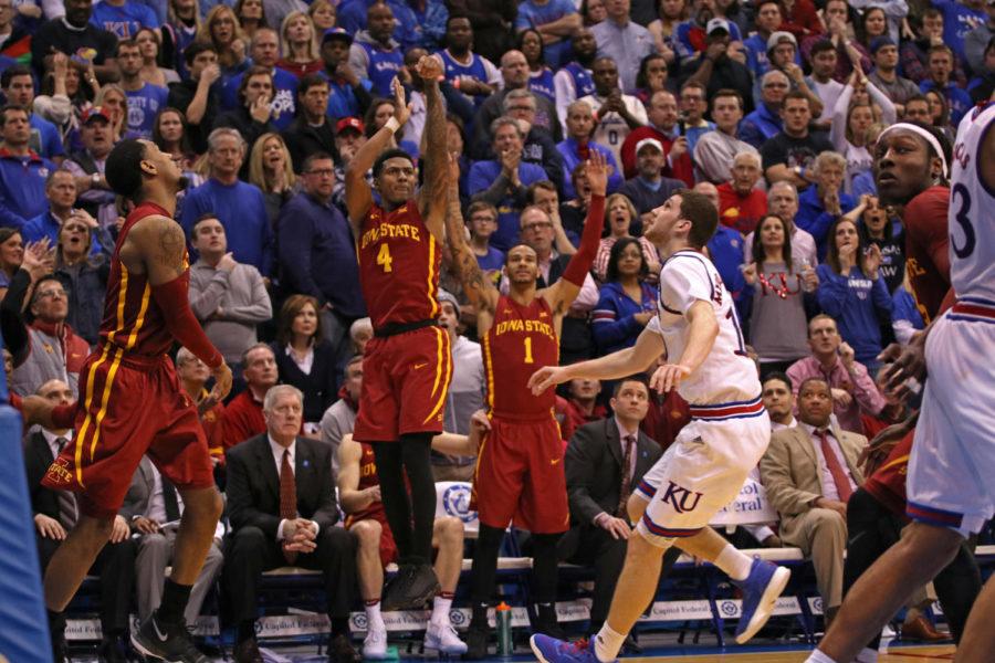 Donovan Jackson hits a corner shot behind the arc late in overtime to give Iowa State a four-point lead at Allen Fieldhouse in Lawrence, Kansas. Iowa State beat Kansas 92-89 in overtime, the Cyclones first win in Lawrence since 2005.