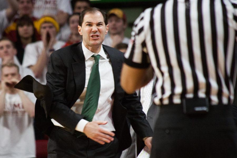 Baylor head coach Scott Drew yells at an official during a basketball game, Saturday afternoon in Hilton Coliseum. After being tied at halftime, the Cyclones pulled off the upset, winning 72-69, and improved to 19-9 overall (11-5 in conference).