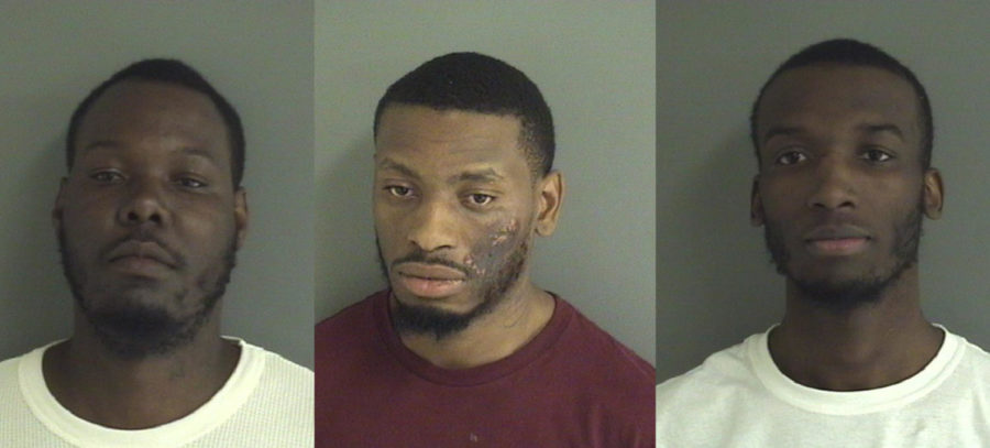 (Left) Derrick Harmon, 27, of Hollywood, Florida; (middle) Ahmed Hall, 27, of Fort Lauderdale, Florida; and (right) Denzel Sanon, 20, of Miramar, Florida have been arrested on 3 counts of burglary 3rd degree of a motor vehicle on Feb. 12, 2017.