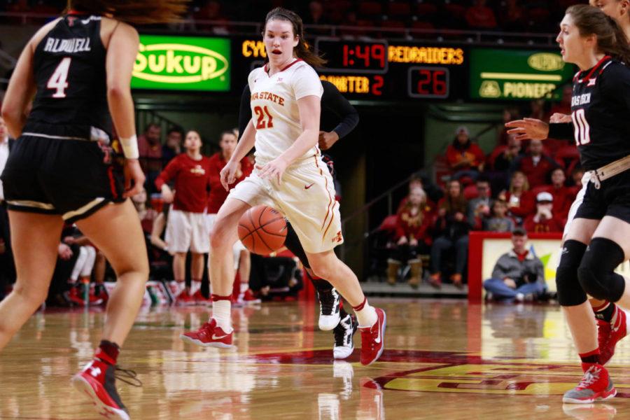 Bridget Carleton brings the ball down the floor during Iowa States 79-68 win over Texas Tech on Wednesday night. Carleton led the Cyclones with 20 points and 12 rebounds. 