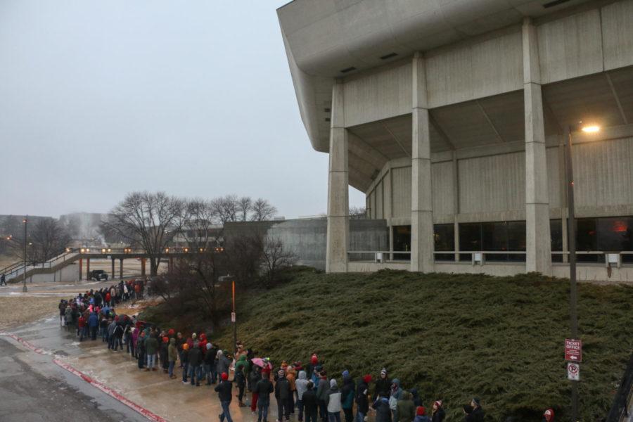 Students wait in line outside Hilton Coliseum prior to the start of the Cyclones game against No. 2 Kansas Jan. 16. 