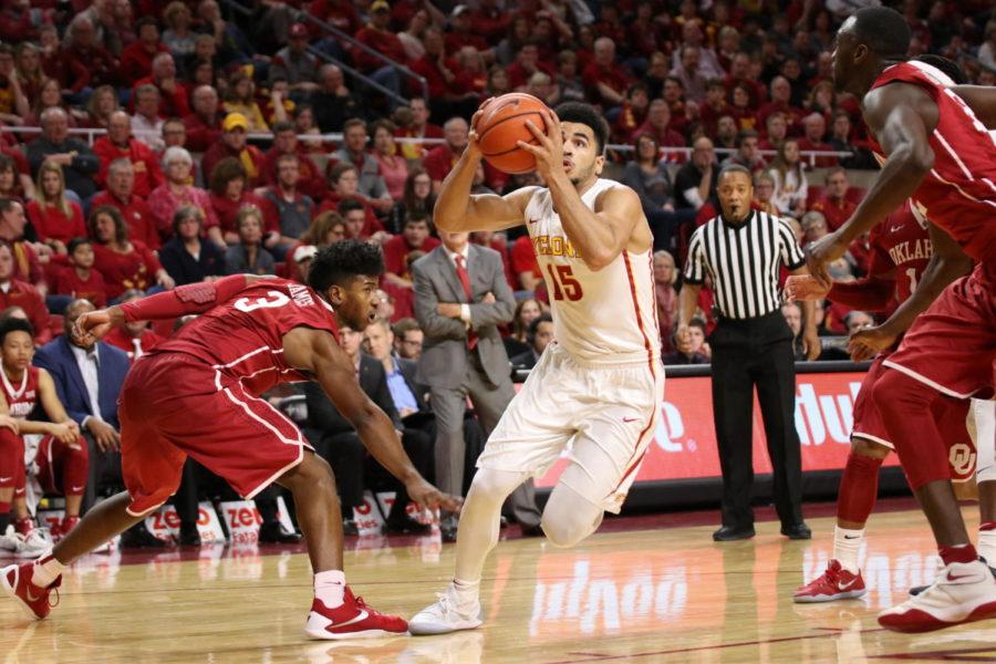 Iowa State guard Naz Mitrou-Long drives towards the hoop during the first half against Oklahoma.