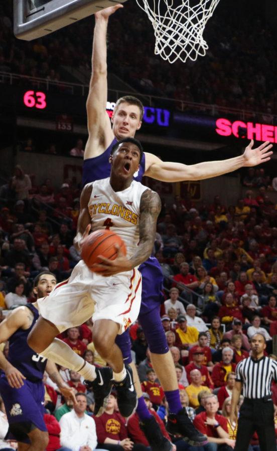 Iowa State junior Donovan Jackson goes in for a layup during the game against TCU Feb. 18, 2017. Jackson finished with 11 points, contributing to the Cyclones 84-71 win over the Horned Frogs. 