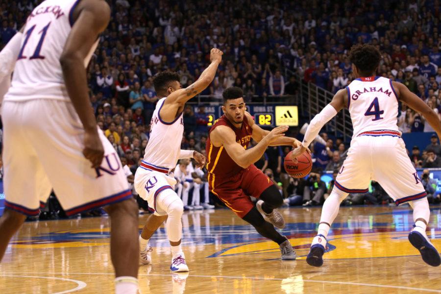 Naz Mitrou-Long drives to the lane against Kansas at Allen Fieldhouse in Lawrence, Kansas on Feb. 4, 2017. Iowa State beat Kansas 92-89 in overtime, the Cyclones first win in Lawrence since 2005.