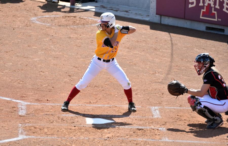 Iowa State outfielder Cathlin Bingham bats against Omaha on April 14, 2016. Iowa State lost the game 6-4. 