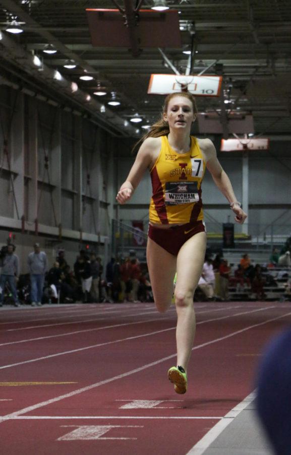 ISU freshman Emma Whigham runs to the finish during the 400-meters at the Big 12 Indoor Championships in the Lied Rec Center on Feb. 26. Whigham finished with a time of 57.18. 