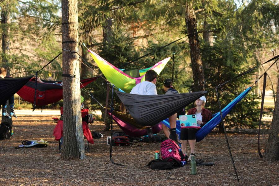 Students enjoying their hammocks with each other on Central Campus.