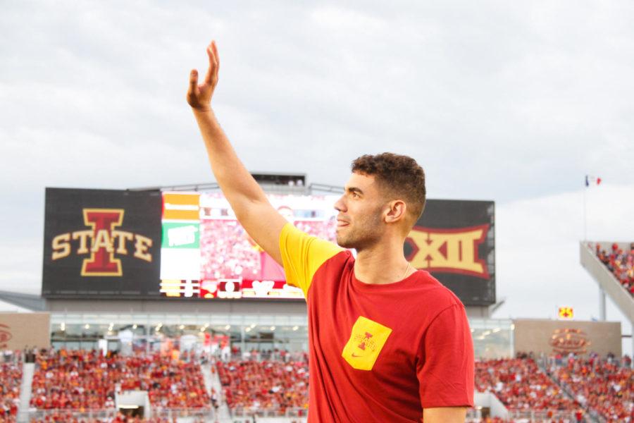 Former Cyclone basketball player Georges Niang waves to the crowd, before being named the Male Athlete of the Year for 2015s season. 