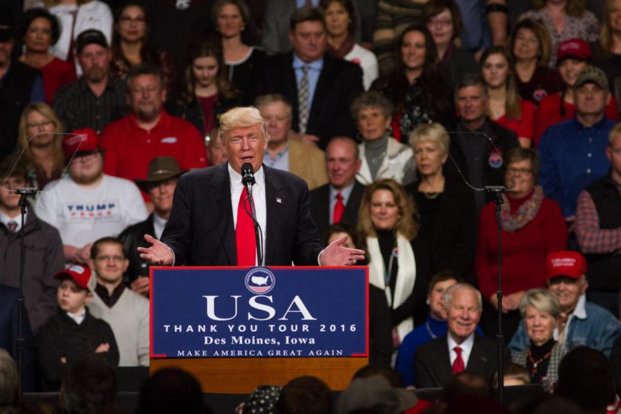 President Elect Donald Trump speaks during a rally as part of his USA Thank You Tour, in Des Moines during the evening of Dec. 8. Trump spoke about the general election, how he would repeal Obamacare, bring jobs back to the US, and reform care for veterans. 