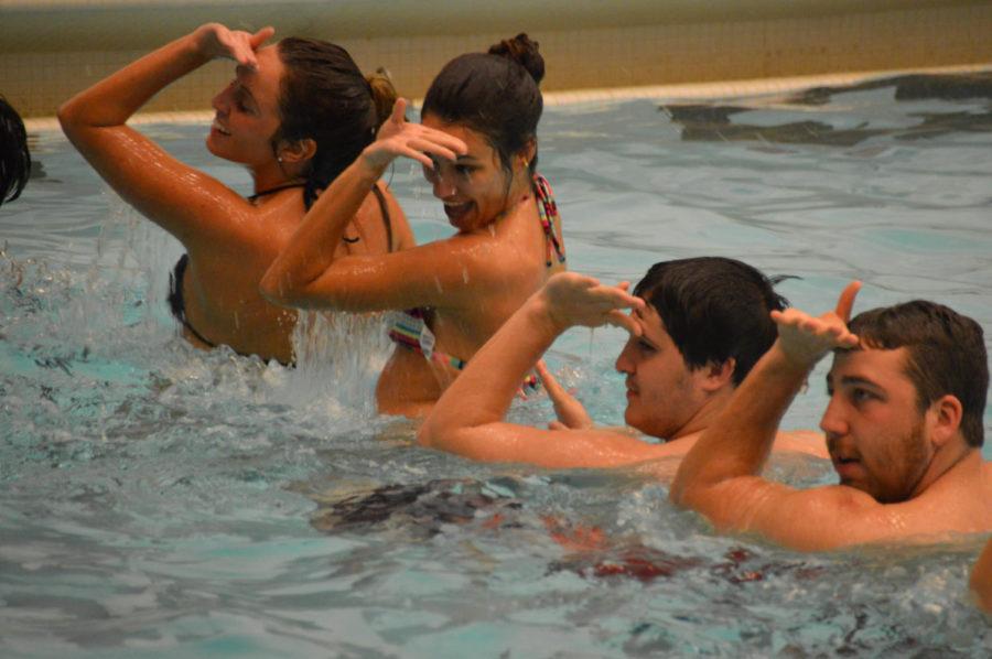 The Phone Center performs their synchronized swimming routine during Delta Gammas Anchor Splash philanthropy event at Beyer Hall on on Feb. 18. Seven teams performed routines, with Farmhouse fraternity winning first place. 