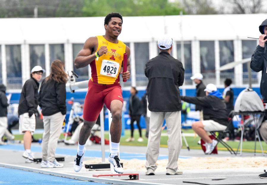 Redshirt+junior+Jomal+Wiltz+finishes+the+4x100-meter+at+the+Drake+Relays+on+April+29.